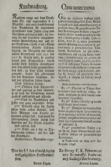 Kundmachung : [Inc.:] Nachdem einige mit dem Brustbilde Sr. jetzt regierenden k. k. Majestät, und unter demselben mit dem Buchstaben M. beziechnete Kronthaler vom Jahre 1794 zum Vorshein gekommen sind [...]. [Dat.:] Krakau den 21. November 1797