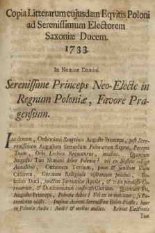 Copia Litterarum cujusdam Eqvitis Poloni ad Serenissimum Electorem Saxoniæ Ducem 1733