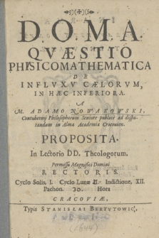 Qvæstio Physicomathematica De Inflvxv Cælorvm, In Hæc Inferiora
