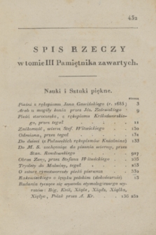 Pamiętnik Warszawski. 1822, T.3 Spis rzeczy w Tomie III. Pamiętnika zawartych