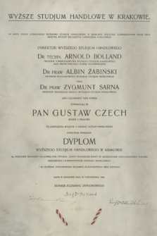 Dyplom ukończenia Wyższego Studium Handlowego w Krakowie dla Gustawa Czecha