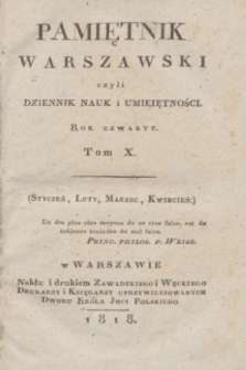 Pamiętnik Warszawski : czyli dziennik nauk i umieiętności. [R.4], [T.10], Spis rzeczy w Tomie X Pamiętnika zawartych (1818)