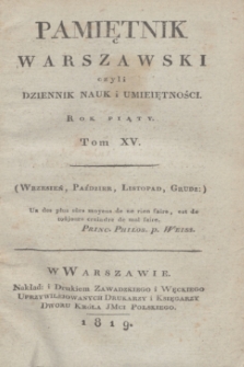 Pamiętnik Warszawski. R.5, T.15 Spis rzeczy w tomie XV. Pamiętnika zawartych (1819)