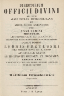 Directorium Officii Divini ad usum Almæ Eccles. Metropolitanæ et Archi-Dioec. Gnesnensis pro Anno Domini MDCCCLIII 1853 + wkładka