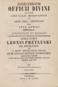 Directorium Officii Divini ad usum Almæ Eccles. Metropolitanæ et Archi-Dioec. Gnesnensis pro Anno Domini MDCCCLV 1855 + wkładka