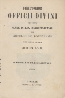 Directorium Officii Divini ad usum Almae Eccles. Metropolitanae et Archi-Dioec. Gnesnensis pro Anno Domini MDCCCLVII 1857 + wkładka