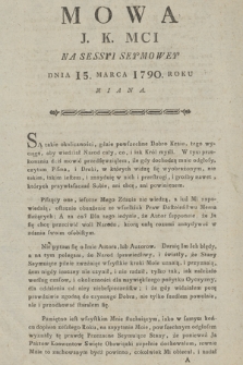 Mowa J. K. Mci Na Sessyi Seymowey Dnia 15. Marca 1790. Roku Miana