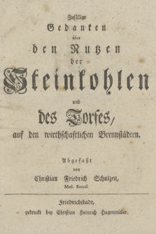 Zufällige Gedanken über den Nutzen der Steinkohlen und des Torfes, auf den wirthschaftlichen Brennstädten