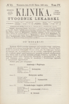 Klinika : czasopismo poświęcone umiejętnościom lekarskim. [R.3], T.4, № 12 (25 marca 1869)