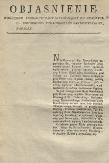 Objasnienie Względem Rezolucyj Rady Nieustaiącey Na Memoryał Ur: Dobieckiego Podkomorzego Sandomirskiego, Zapadły