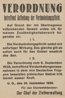 Verordnung betreffend Aufhebung der Verdunkelungspflicht