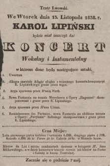 Teatr Lwowski : we wtorek dnia 13. listopada 1838. r. : Karol Lipiński będzie miał zaszczyt dać koncert wokalny i instrumentalny