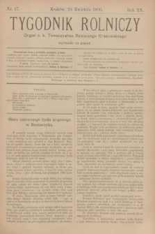 Tygodnik Rolniczy : Organ c. k. Towarzystwa Rolniczego Krakowskiego. R.20, nr 17 (24 kwietnia 1903)