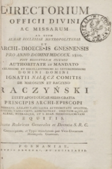 Directorium Officii Divini ac Missarum ad usum Almae Ecclesiae Metropolitanae et Archi-Dioecesis Gnesnensis pro Anno Domini MDCCCX 1810 + wkładka