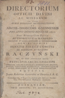 Directorium Officii Divini ac Missarum ad usum Almae Ecclesiae Metropolitanae et Archi-Dioecesis Gnesnensis pro Anno Domini MDCCCXI 1811