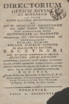 Directorium Officii Divini ac Missarum ad usum Almae Ecclesiae Metropolitanae et Archi-Dioecesis Gnesnensis pro Anno Domini MDCCCXIII 1813