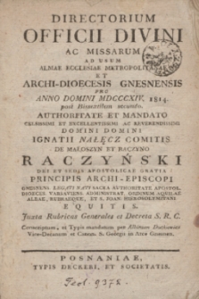 Directorium Officii Divini ac Missarum ad usum Almae Ecclesiae Metropolitanae et Archi-Dioecesis Gnesnensis pro Anno Domini MDCCCXIV 1814