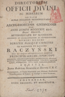 Directorium Officii Divini ac Missarum ad usum Almae Ecclesiae Metropolitanae et Archi-Dioecesis Gnesnensis pro Anno Domini MDCCCXVI 1816