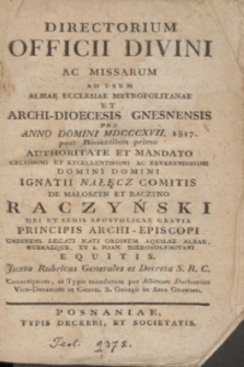 Directorium Officii Divini ac Missarum ad usum Almae Ecclesiae Metropolitanae et Archi-Dioecesis Gnesnensis pro Anno Domini MDCCCXVII 1817