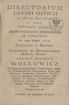 Directorium Divini Officii ac Missæ Sacrificii ad usum Universi Cleri Archi-Dioecesis Gnesnensis in Polonia pro Anno Domini 1818