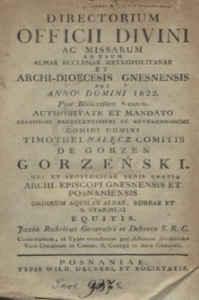 Directorium Officii Divini ac Missarum ad usum Almae Ecclesiae Metropolitanae et Archi-Dioecesis Gnesnensis pro Anno Domini 1822