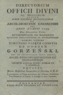 Directorium Officii Divini ac Missarum ad usum Almae Ecclesiae Metropolitanae et Archi-Dioecesis Gnesnensis pro Anno Domini 1823