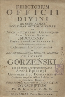 Directorium Officii Divini ad usum Almae Ecclesiae Metropolitanae et Archi-Dioecesis Gnesnensis pro Anno Domini MDCCCXXIV 1824