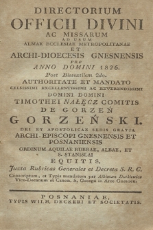 Directorium Officii Divini ac Missarum ad usum Almae Ecclesiae Metropolitanae et Archi-Dioecesis Gnesnensis pro Anno Domini 1826