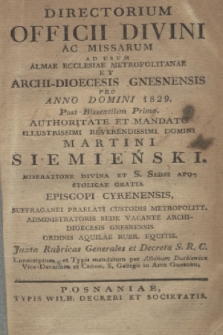 Directorium Officii Divini ac Missarum ad usum Almae Ecclesiae Metropolitanae et Archi-Dioecesis Gnesnensis pro Anno Domini 1829