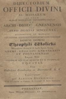 Directorium Officii Divini ac Missarum ad usum Almae Ecclesiae Metropolitanae et Archi-Dioec. Gnesnensis pro Anno Domini MDCCCXXX 1830