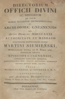 Directorium Officii Divini ac Missarum ad usum Almae Ecclesiae Metropolitanae et Archi-Dioec. Gnesnensis pro Anno Domini MDCCCXXXI 1831