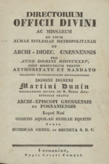 Directorium Officii Divini ac Missarum ad usum Almae Ecclesiae Metropolitanae et Archi-Dioec. Gnesnensis pro Anno Domini MDCCCXXXV 1835 + wkładka