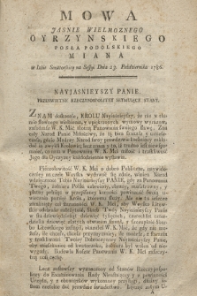 Mowa Jasnie Wielmoznego Oyrzynskiego Posła Podolskiego Miana w Izbie Senatorskiey na Sessyi Dnia 23. Października 1786