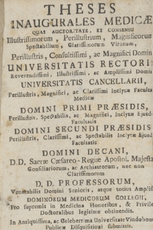 Theses Inaugurales Medicæ Quas Auctoritate, Et Consensu ... Clarissimorum Virorum, ... Domini Universitatis Rectori ... nec non Clarissimorum D. D. Professorum ... In Antiquissima, ac Celeberrima Universitate Vindobone