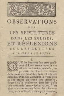 Observations Sur Les Sépultures Dans Les Églises, Et Réflexions Sur Lettres Ecrites A Ce Sujet