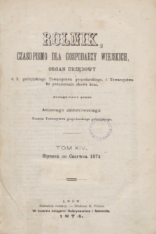 Rolnik : czasopismo dla gospodarzy wiejskich : organ urzędowy c. k. galicyjskiego Towarzystwa gospodarskiego i Towarzystwa ku podniesieniu chowu koni. Spis przedmiotów w tomie XIV. zawartych (styczeń do czerwca 1874) + dod.