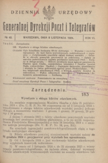 Dziennik Urzędowy Generalnej Dyrekcji Poczt i Telegrafów. R.6, № 42 (8 listopada 1924)