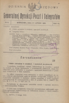Dziennik Urzędowy Generalnej Dyrekcji Poczt i Telegrafów. R.7, № 8 (21 lutego 1925)