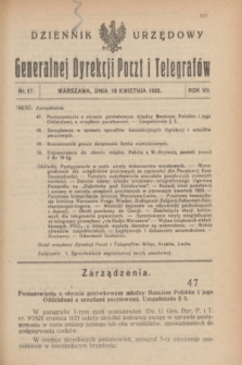 Dziennik Urzędowy Generalnej Dyrekcji Poczt i Telegrafów. R.7, nr 17 (18 kwietnia 1925) + dod.