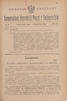 Dziennik Urzędowy Generalnej Dyrekcji Poczt i Telegrafów. R.7, nr 37 (12 września 1925)