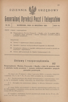 Dziennik Urzędowy Generalnej Dyrekcji Poczt i Telegrafów. R.7, nr 39 (23 września 1925)