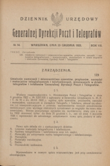 Dziennik Urzędowy Generalnej Dyrekcji Poczt i Telegrafów. R.7, № 54 (23 grudnia 1925)