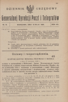 Dziennik Urzędowy Generalnej Dyrekcji Poczt i Telegrafów. R.8, nr 19 (18 maja 1926)