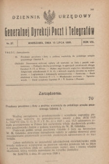 Dziennik Urzędowy Generalnej Dyrekcji Poczt i Telegrafów. R.8, nr 27 (15 lipca 1926) + dod.