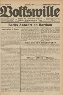 Volkswille : Organ der Deutschen Sozialistischen Arbeiterpartei in Polen. Jg.20, Nr. 48 (29 September 1934) + dod.
