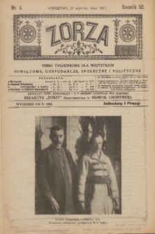Zorza : pismo tygodniowe dla wszystkich oświatowe, gospodarcze, społeczne i polityczne. R.52, nr 4 (27 stycznia 1917)