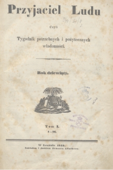 Przyjaciel Ludu : czyli tygodnik potrzebnych i pożytecznych wiadomości. R.9, T.1, Spis artykułów w tomie pierwszym roku dziewiątego zawartych (1842)