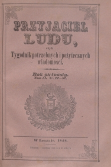 Przyjaciel Ludu : czyli tygodnik potrzebnych i pożytecznych wiadomości. R.15, T.2, Spis artykułów w tomie drugim roku piętnastego zawartych (1848)