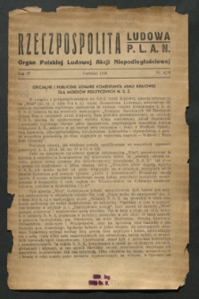 Rzeczpospolita Ludowa : organ Polskiej Ludowej Akcji Niepodległościowej P.L.A.N. R.4, nr 4 (czerwiec 1944) = nr 29