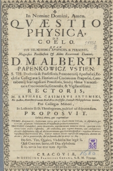 Qvæstio Physica De Coelo, Qvam [...]